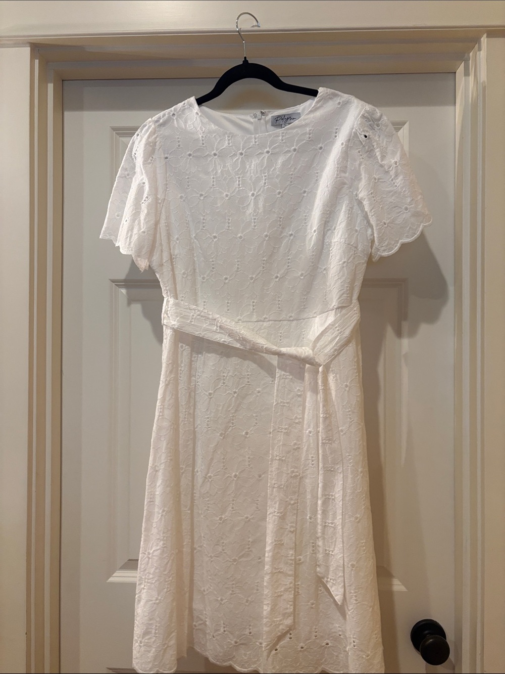 White Eyelet Lace Belted Short-Sleeve Dress
